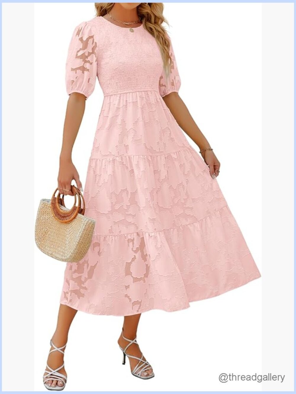 Puff Sleeve Smocked Floral Lace Tiered Maxi Dress - Picture 1 of 7